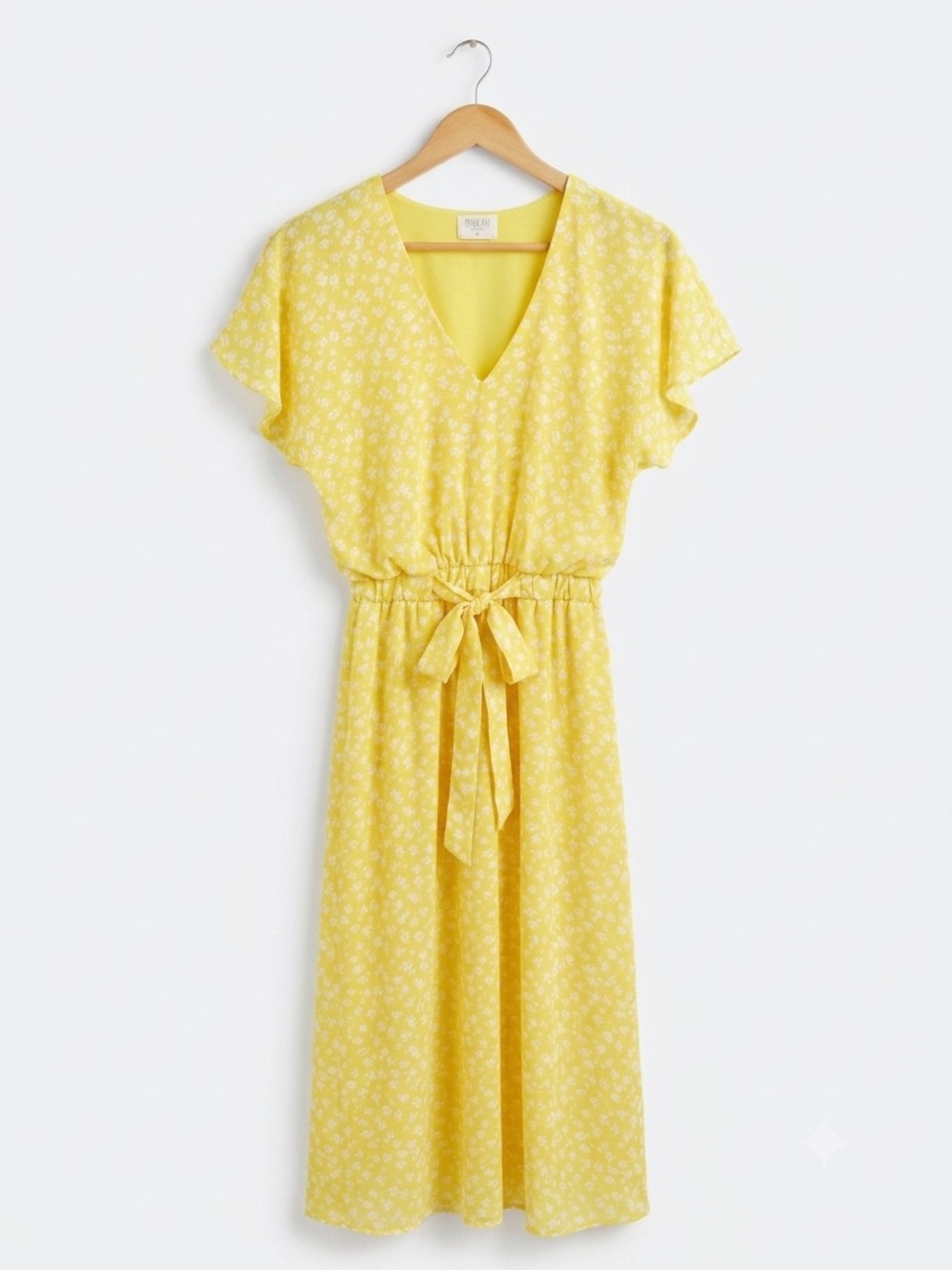 Sienna Sky Yellow Floral V-Neck Midi Dress Flutter Sleeve Size S